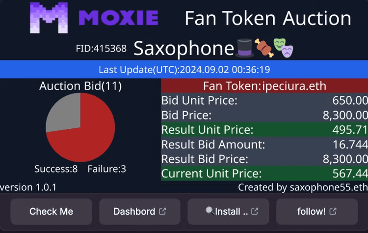 Moxie FanToken Auction dashboard